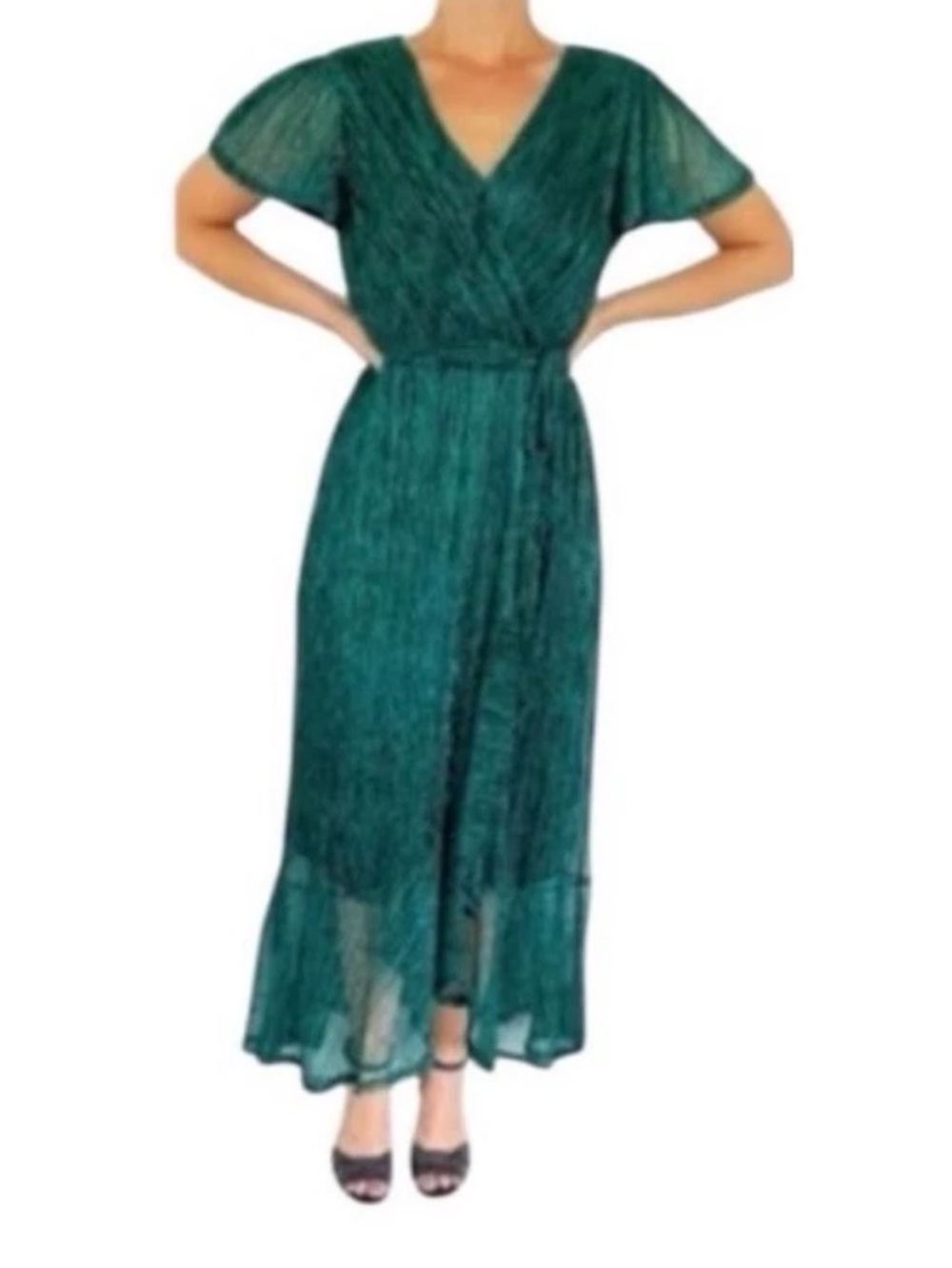 Nicole Miller New York Dress 8 Metallic Glitter Teal Green Flutter Sleeve New